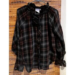 Finley L Plaid Ruffle Neck Button Front Blouse Top Brown Black Made USA